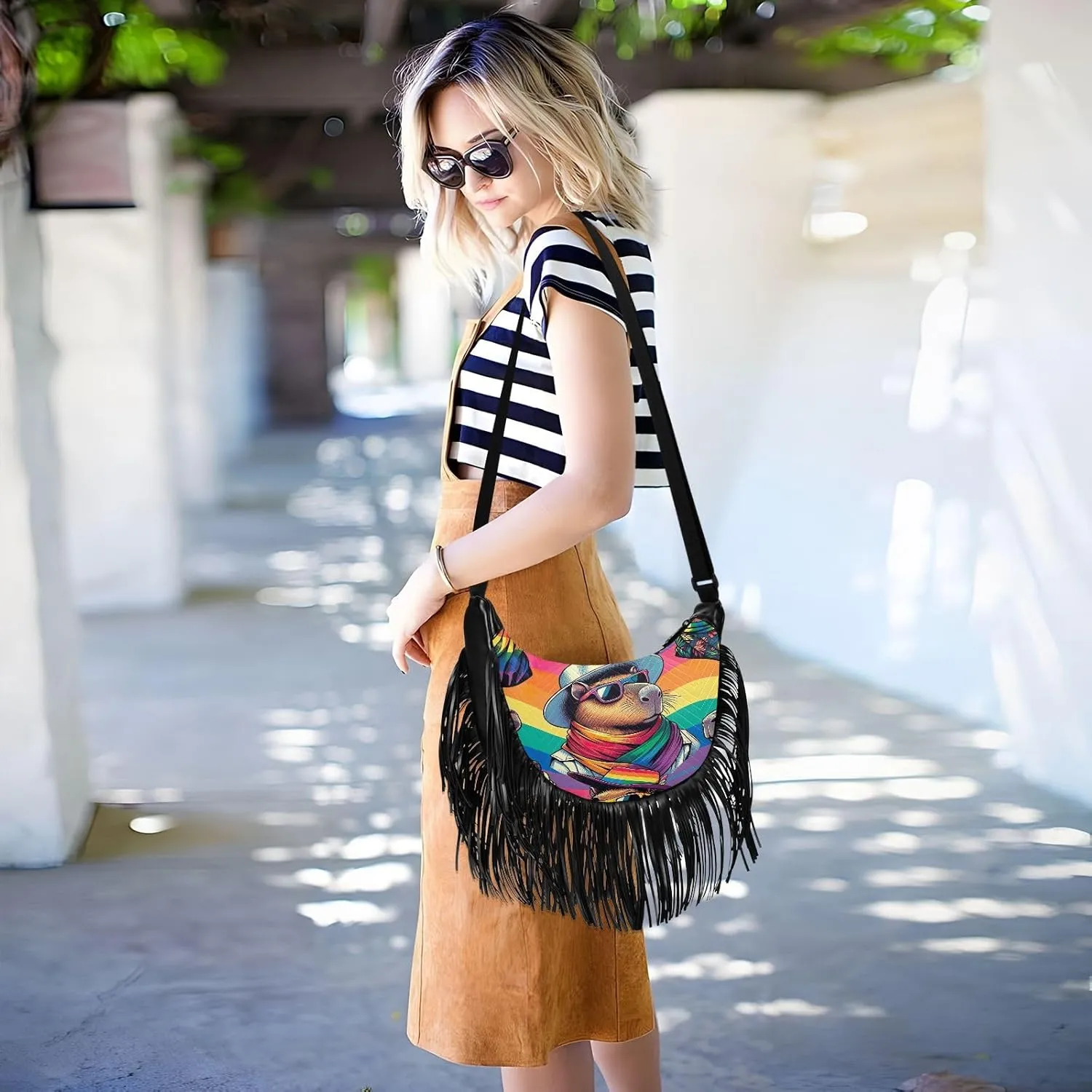 Mythical Goddess and Leopard Fringe Purse Cross Body Tassel Crossbody Purse Boho Shoulder Bag Hippie Bags for Women