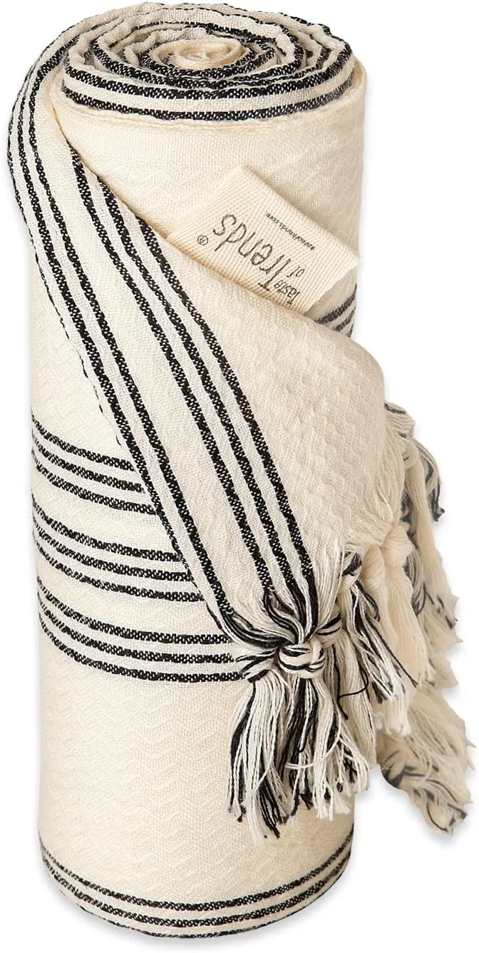 Natura Turkish Peshtemal Towel - Luxury Ecofriendly 100% Raw Cotton - Soft, Lightweight, Quick Dry, Absorbent - Oversize - Beach Bath Pool Gym – Cream & Black Stripes