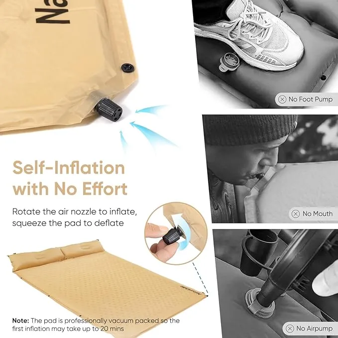 Naturehike Self-Inflating Double Sleeping Pad, Camping Mattress 2 Person, Ultralight Memory Foam Pad with Pillow, Fast Inflating, Patchwork Sleeping Pad for Camping, Hiking, RV Camping, Full, Yellow