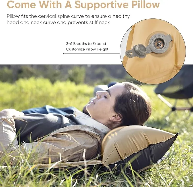 Naturehike Self-Inflating Sleeping Pad, Ultralight Memory Foam Camping Pad with Pillow, Fast Inflating, Patchwork Sleeping Pad for Camping, Hiking, RV Camping, with Storage Bag, Single, Pottery Yellow