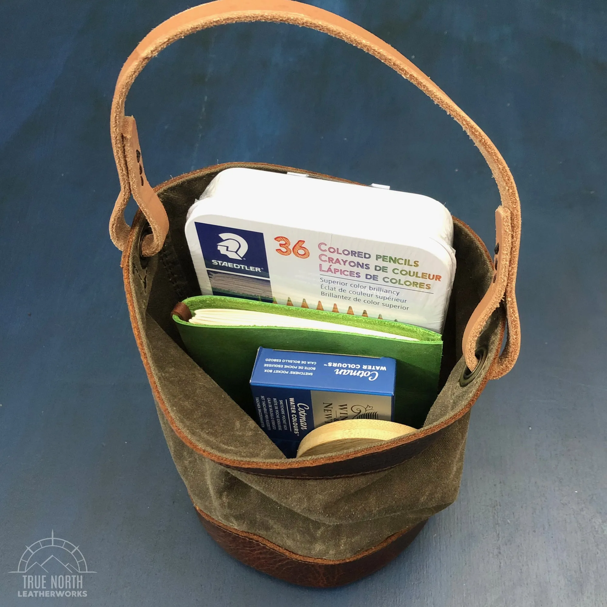 Navy Blue Waxed Canvas and Leather Bucket (12 ounce)