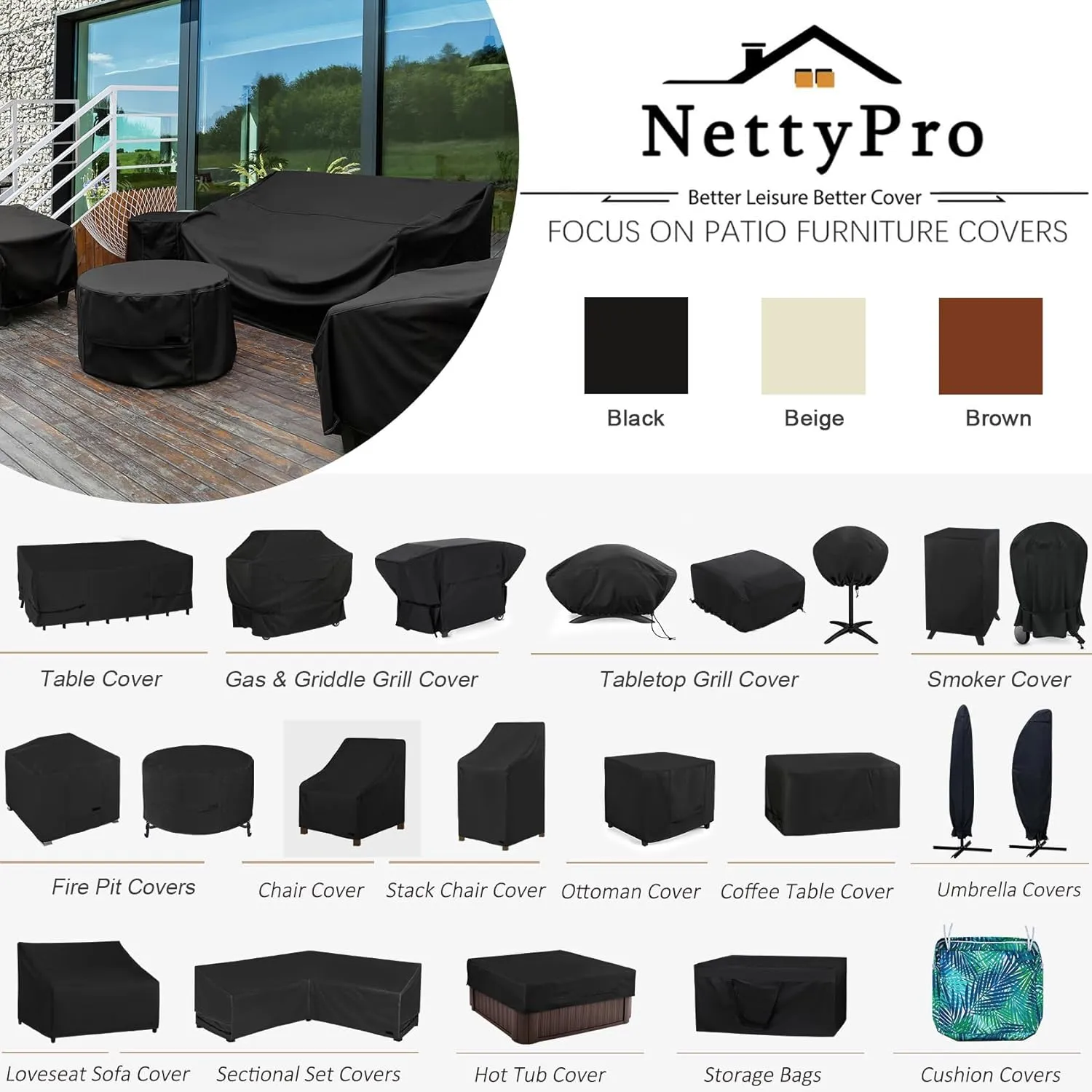 NettyPro Patio Cushion Storage Bags 32 x 32 x 24 inch Water-Resistant Small Outdoor Bag for Cushions Heavy Duty Patio Furniture Storage Bag, Black