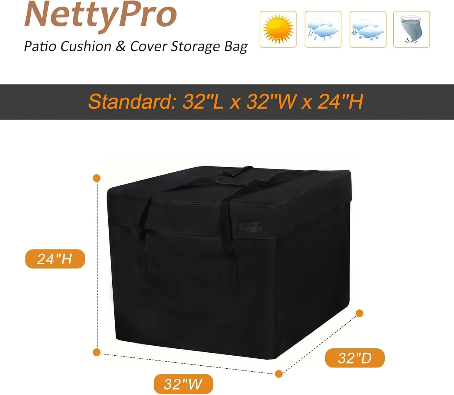 NettyPro Patio Cushion Storage Bags 32 x 32 x 24 inch Water-Resistant Small Outdoor Bag for Cushions Heavy Duty Patio Furniture Storage Bag, Black