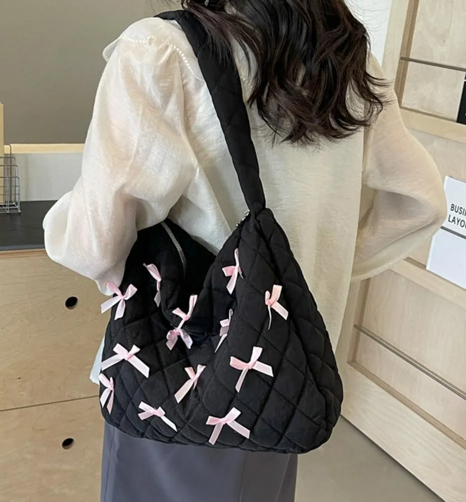 Nylon Hobo Bags for Women Fashion Shoulder Bag with Bowknot Slouchy Crossbody Bag Purse