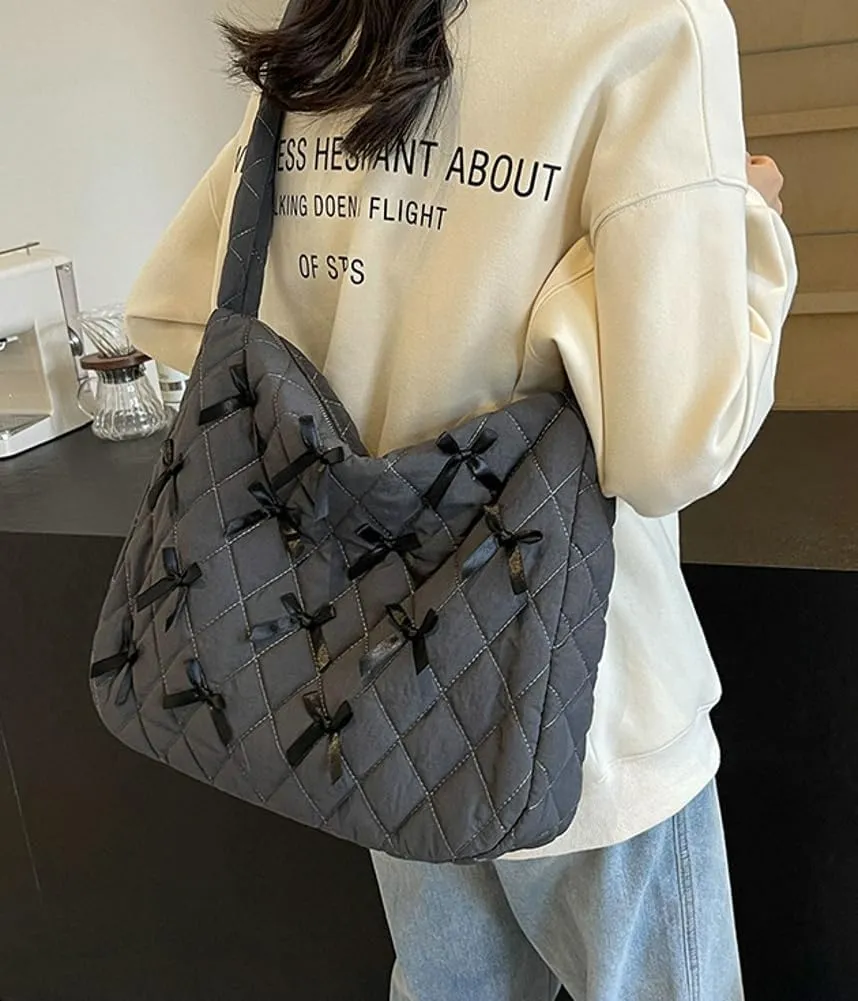 Nylon Hobo Bags for Women Fashion Shoulder Bag with Bowknot Slouchy Crossbody Bag Purse