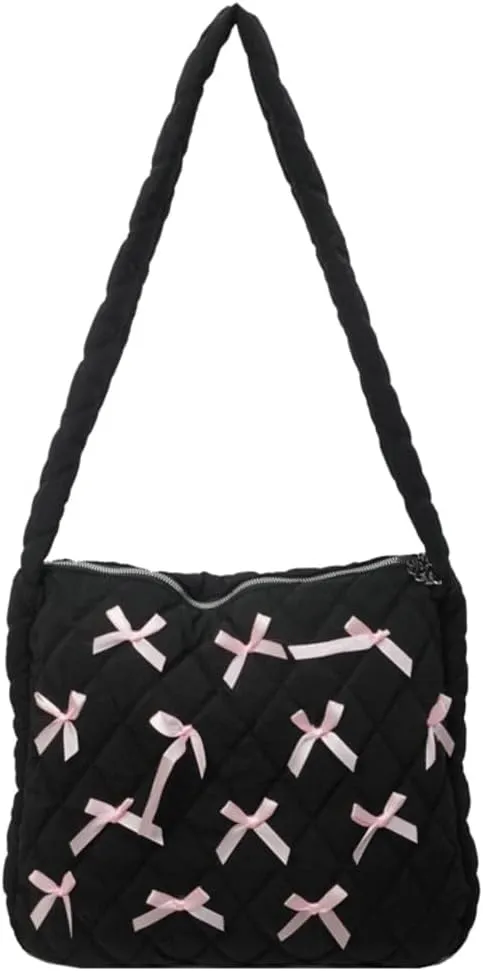 Nylon Hobo Bags for Women Fashion Shoulder Bag with Bowknot Slouchy Crossbody Bag Purse