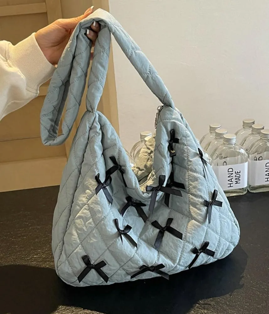 Nylon Hobo Bags for Women Fashion Shoulder Bag with Bowknot Slouchy Crossbody Bag Purse