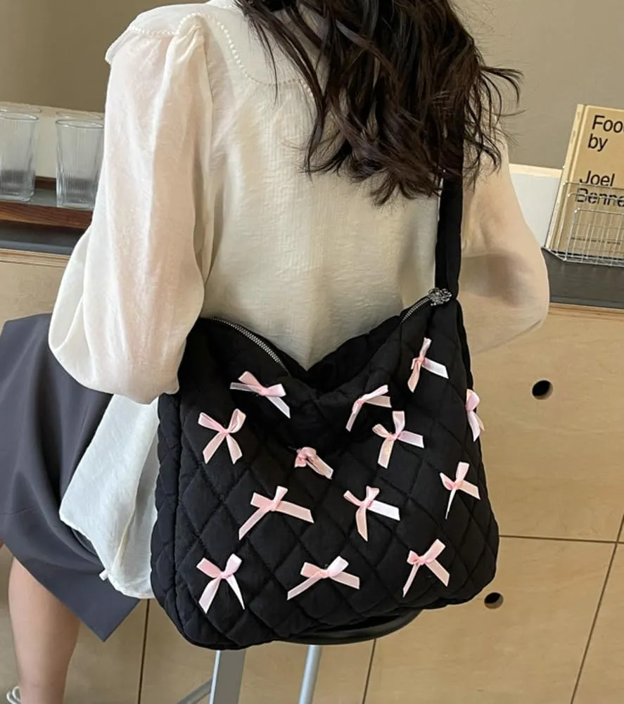 Nylon Hobo Bags for Women Fashion Shoulder Bag with Bowknot Slouchy Crossbody Bag Purse