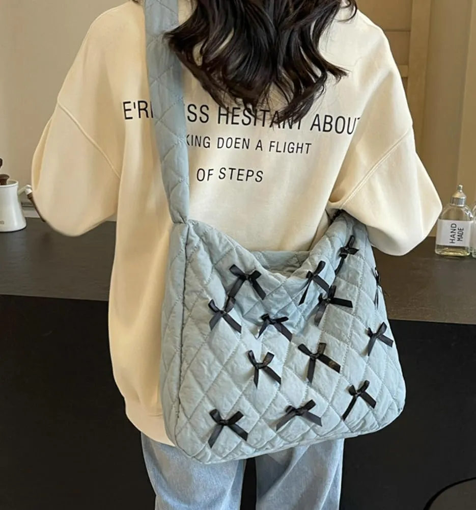 Nylon Hobo Bags for Women Fashion Shoulder Bag with Bowknot Slouchy Crossbody Bag Purse