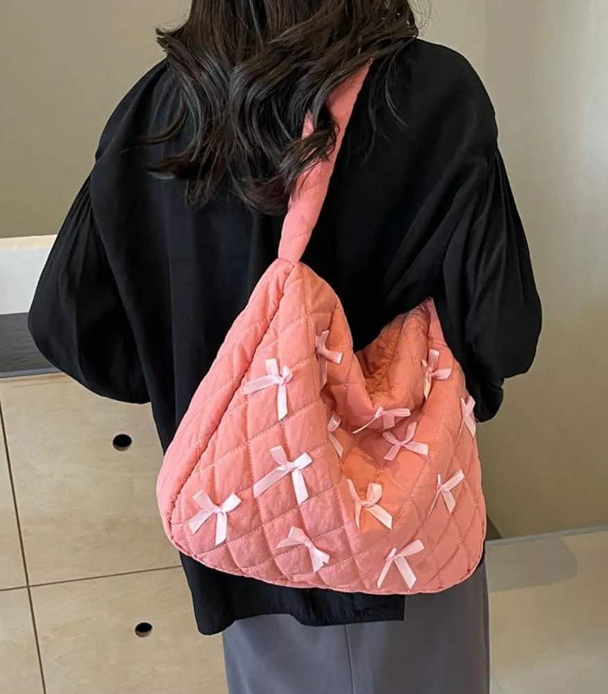 Nylon Hobo Bags for Women Fashion Shoulder Bag with Bowknot Slouchy Crossbody Bag Purse