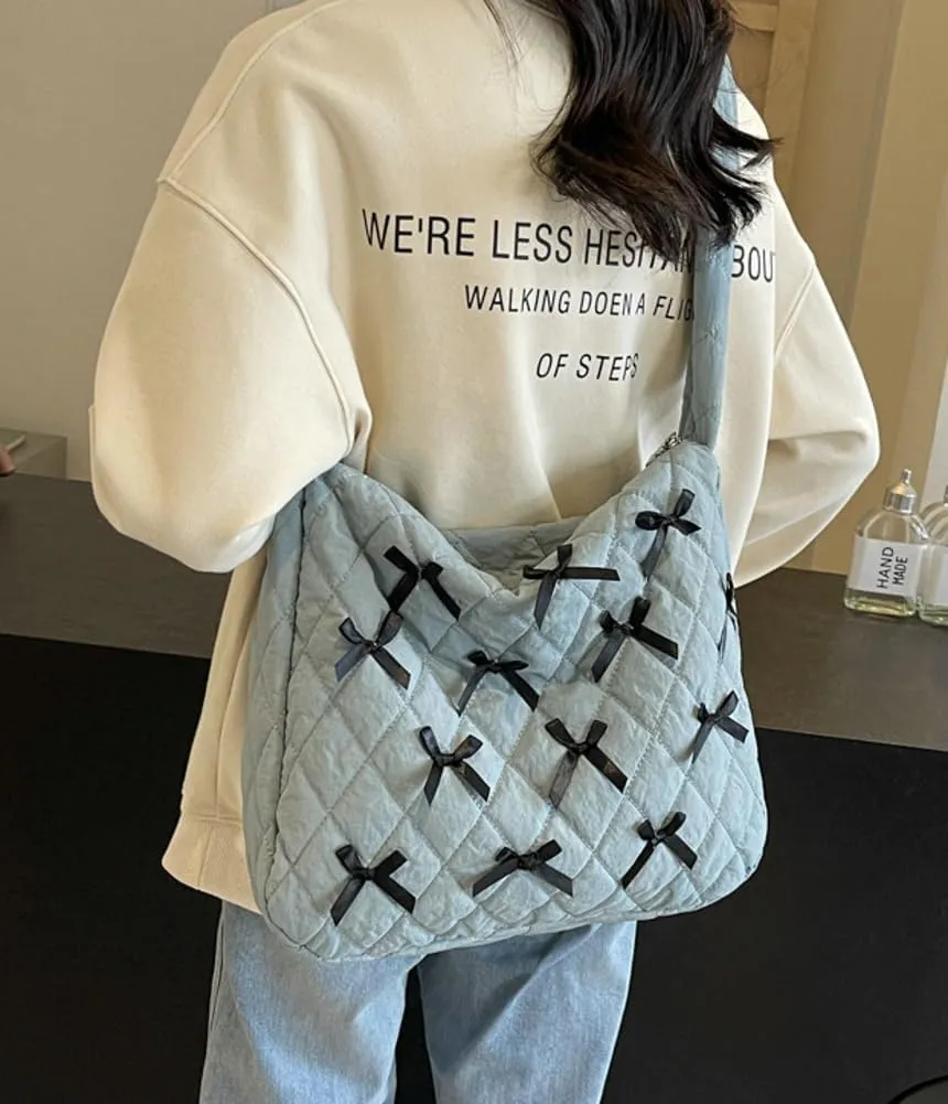 Nylon Hobo Bags for Women Fashion Shoulder Bag with Bowknot Slouchy Crossbody Bag Purse