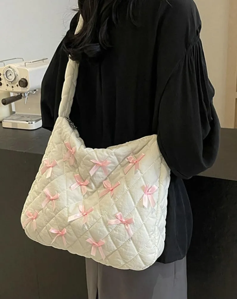 Nylon Hobo Bags for Women Fashion Shoulder Bag with Bowknot Slouchy Crossbody Bag Purse