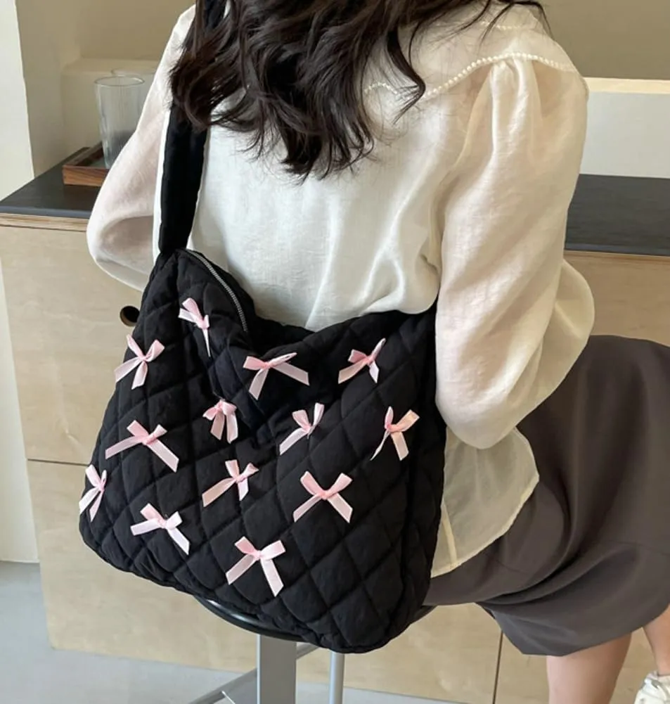 Nylon Hobo Bags for Women Fashion Shoulder Bag with Bowknot Slouchy Crossbody Bag Purse