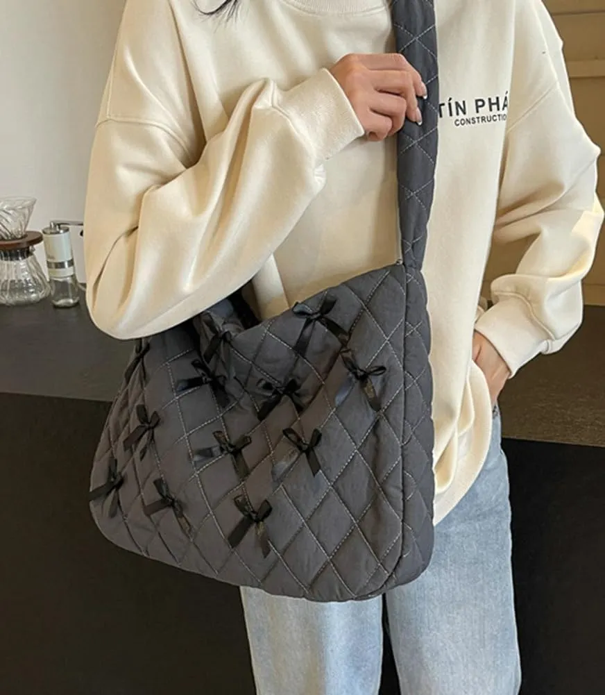 Nylon Hobo Bags for Women Fashion Shoulder Bag with Bowknot Slouchy Crossbody Bag Purse