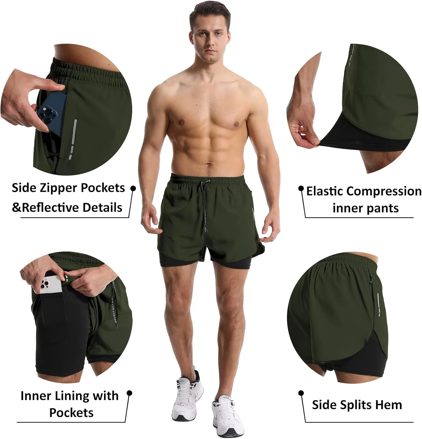 OEBLD Men’s Running Shorts 3 Inch Workout Gym 2-in-1 Pants Athletic Compression Tights