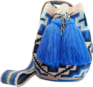 Original Wayuu Mochila Bag For Women, Colombian boho bags, Handmade With Big Nice-Looking Tassels (Medium, Blue Ethnic - Medium)