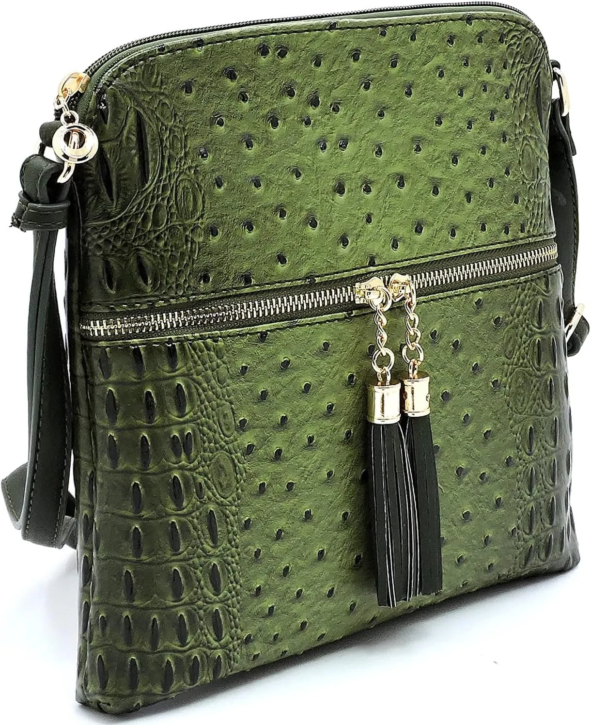 Ostrich Croc Tassel Zipper Pocket Crossbody Bag Animal Pattern Printed Shoulder Bag Womens Purse Satchel