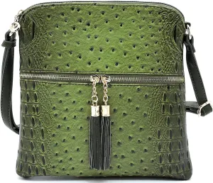 Ostrich Croc Tassel Zipper Pocket Crossbody Bag Animal Pattern Printed Shoulder Bag Womens Purse Satchel