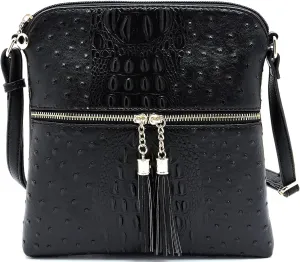 Ostrich Croc Tassel Zipper Pocket Crossbody Bag Animal Pattern Printed Shoulder Bag Womens Purse Satchel