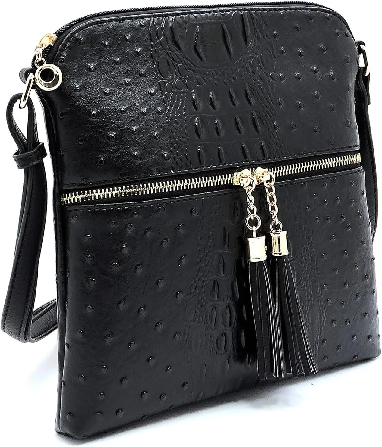 Ostrich Croc Tassel Zipper Pocket Crossbody Bag Animal Pattern Printed Shoulder Bag Womens Purse Satchel