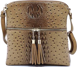 Ostrich Croc Tassel Zipper Pocket Crossbody Bag Animal Pattern Printed Shoulder Bag Womens Purse Satchel