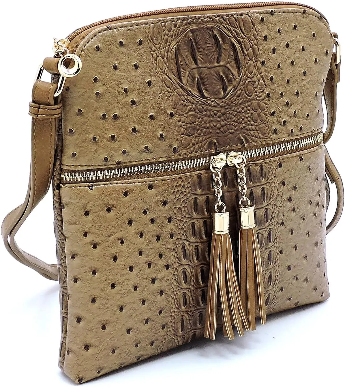 Ostrich Croc Tassel Zipper Pocket Crossbody Bag Animal Pattern Printed Shoulder Bag Womens Purse Satchel