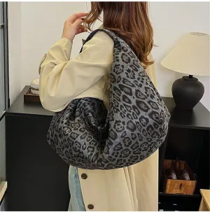 Oversized Leopard Crescent Tote Bag Large Suede Slouchy Cheetah Print Hobo Dumpling Bag Leopard Half Moon Handbag