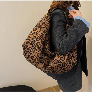 Oversized Leopard Crescent Tote Bag Large Suede Slouchy Cheetah Print Hobo Dumpling Bag Leopard Half Moon Handbag