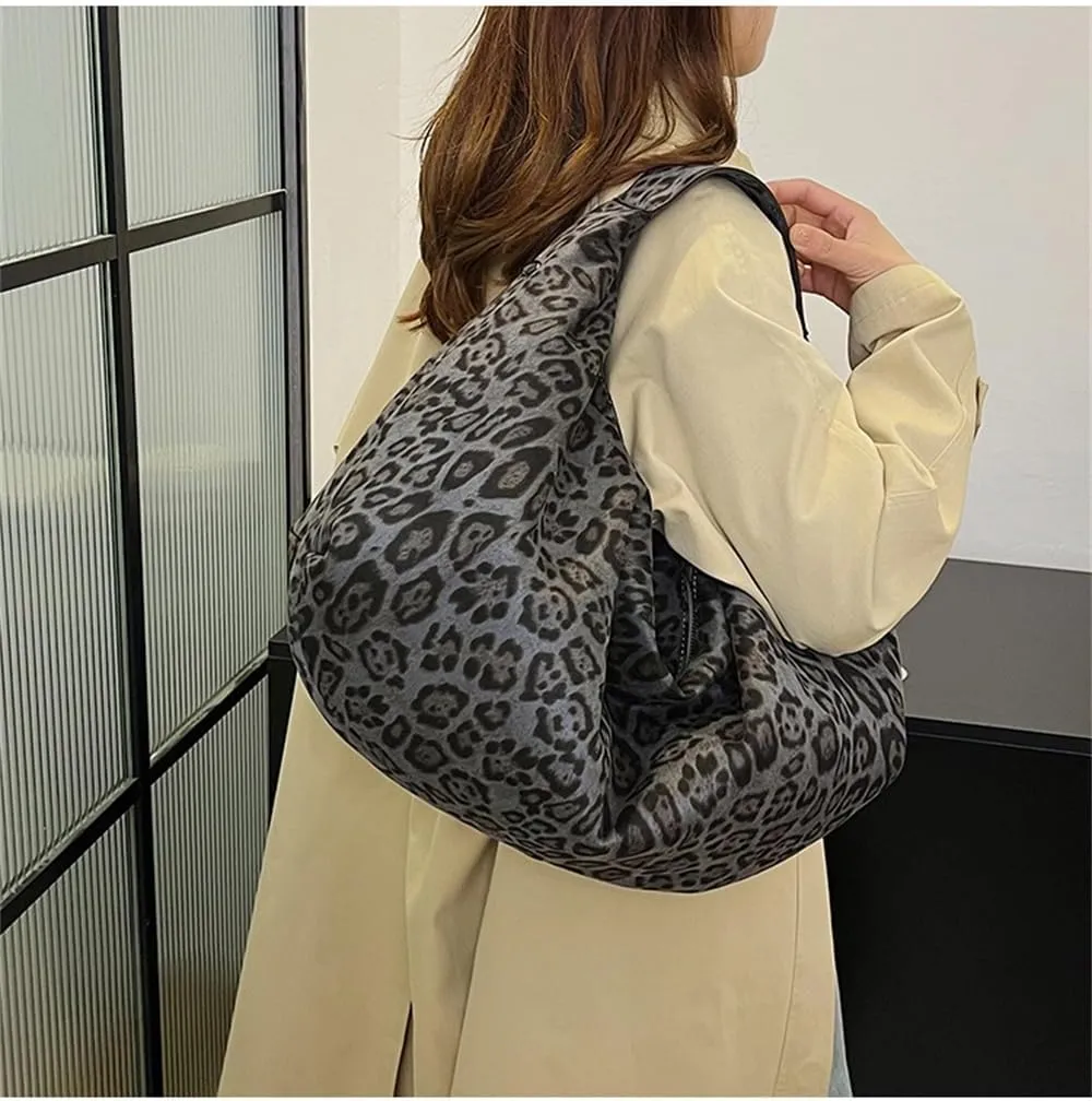 Oversized Leopard Crescent Tote Bag Large Suede Slouchy Cheetah Print Hobo Dumpling Bag Leopard Half Moon Handbag
