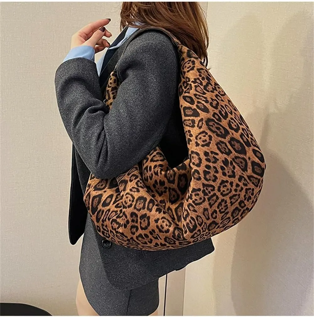 Oversized Leopard Crescent Tote Bag Large Suede Slouchy Cheetah Print Hobo Dumpling Bag Leopard Half Moon Handbag