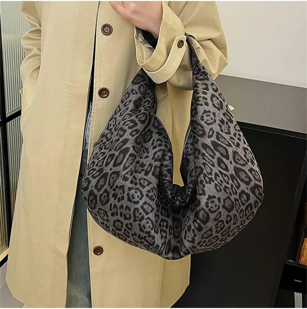 Oversized Leopard Crescent Tote Bag Large Suede Slouchy Cheetah Print Hobo Dumpling Bag Leopard Half Moon Handbag