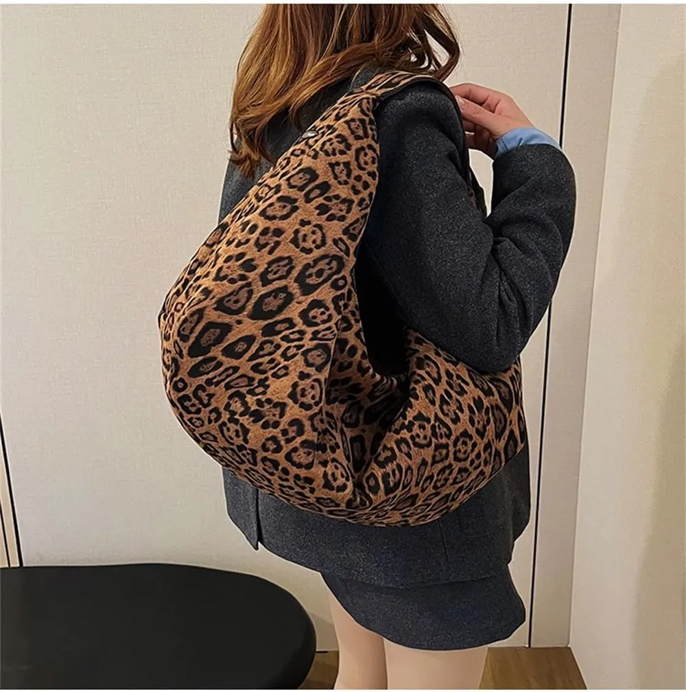 Oversized Leopard Crescent Tote Bag Large Suede Slouchy Cheetah Print Hobo Dumpling Bag Leopard Half Moon Handbag