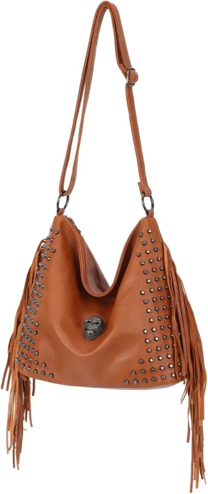 Oweisong Western Fringe Purse for Women Hobo Leather Skull Gothic Crossbody Bag Black Punk Shoulder Bag