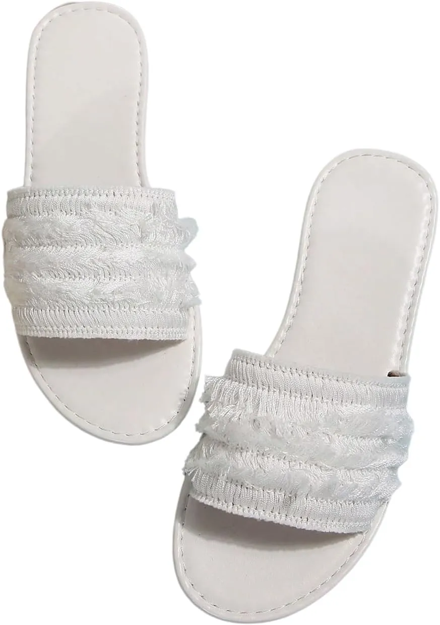 OYOANGLE Women's Tassel Leather Flat Sandals Open Toe Slip On Casual Slides Sandal