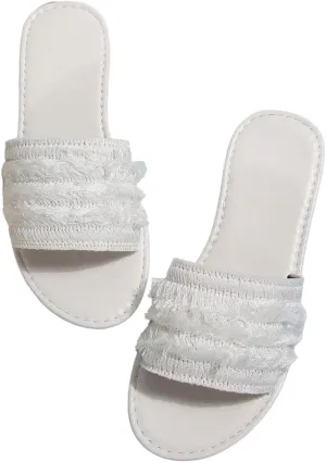 OYOANGLE Women's Tassel Leather Flat Sandals Open Toe Slip On Casual Slides Sandal