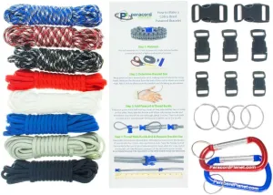 Paracord Bracelet & Project Kit – 550 Parachute Cord, Buckles, Carabiners, Key Rings – (Starter & Hardware Kits Include Paracord Needle & Forceps) – Made in USA