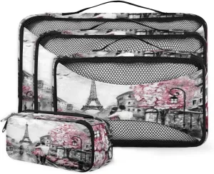 Paris Street View Eiffel Tower 4 Piece Packing Travel Organizer Cubes Set Mesh Fabric Ventilate Design Lightweight Travel Accessories 4 Sizes (Extra Large, Large, Medium, Small)