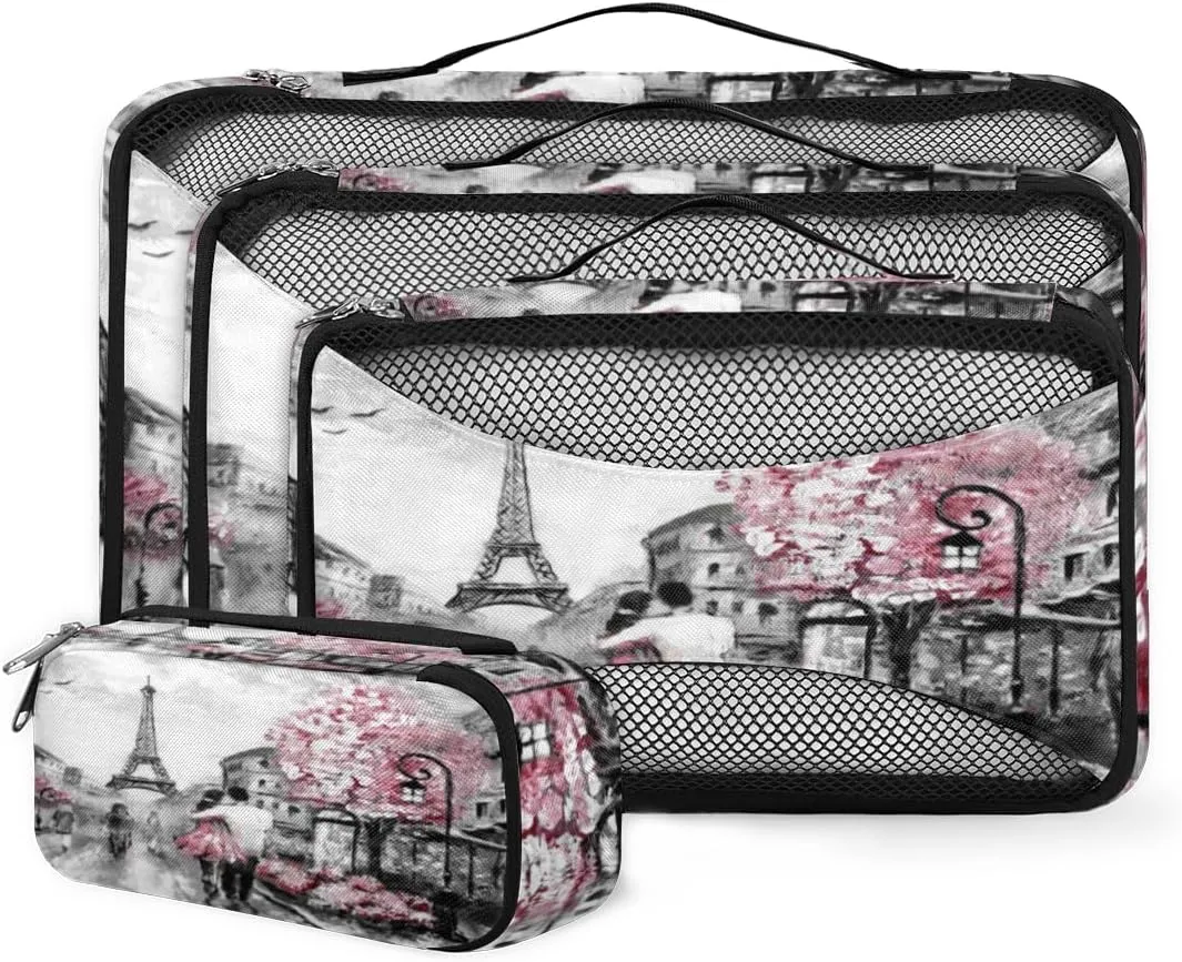 Paris Street View Eiffel Tower 4 Piece Packing Travel Organizer Cubes Set Mesh Fabric Ventilate Design Lightweight Travel Accessories 4 Sizes (Extra Large, Large, Medium, Small)