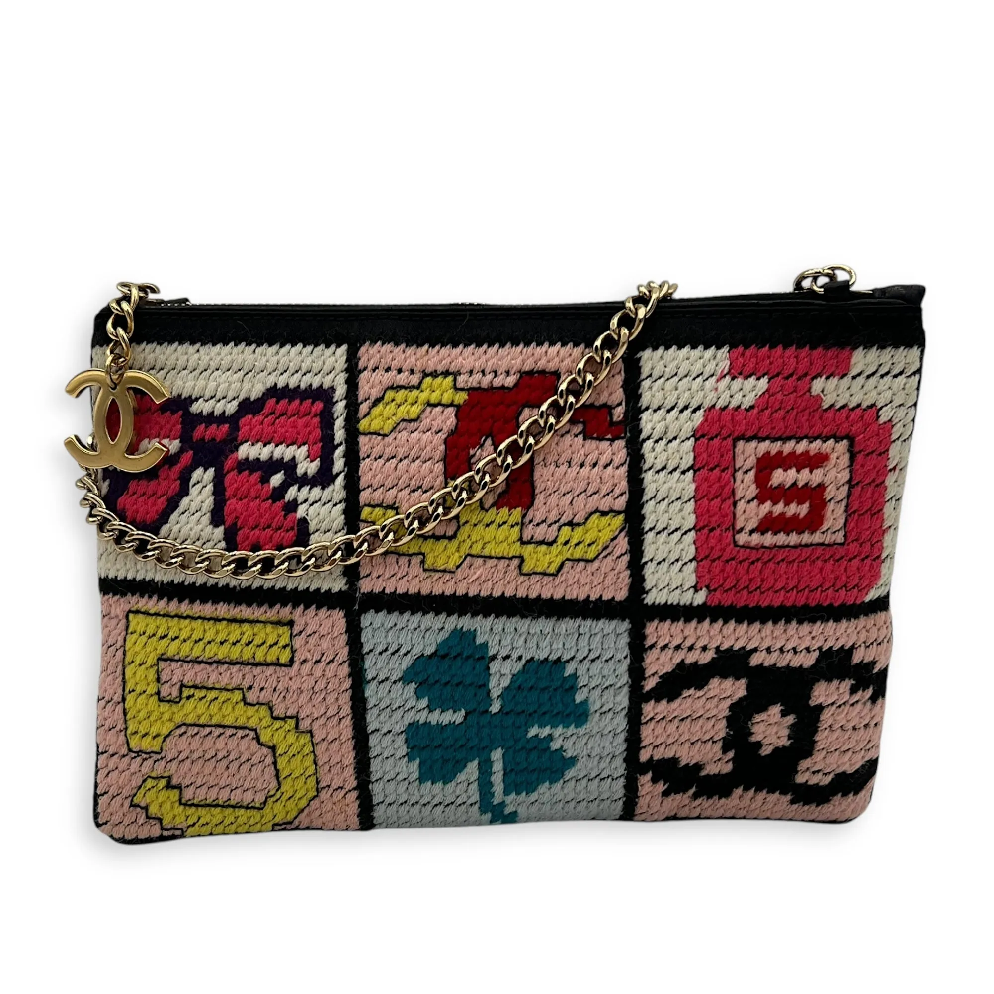 Patchwork Clutch Multi-colour in Knit, Gold hardware