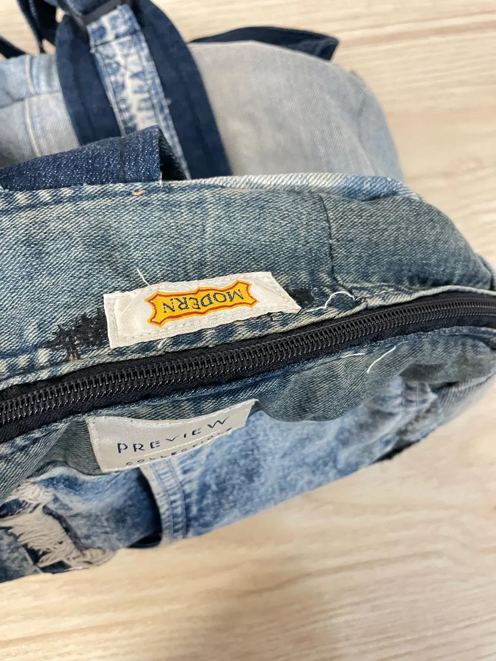 patchwork denim rework backpack