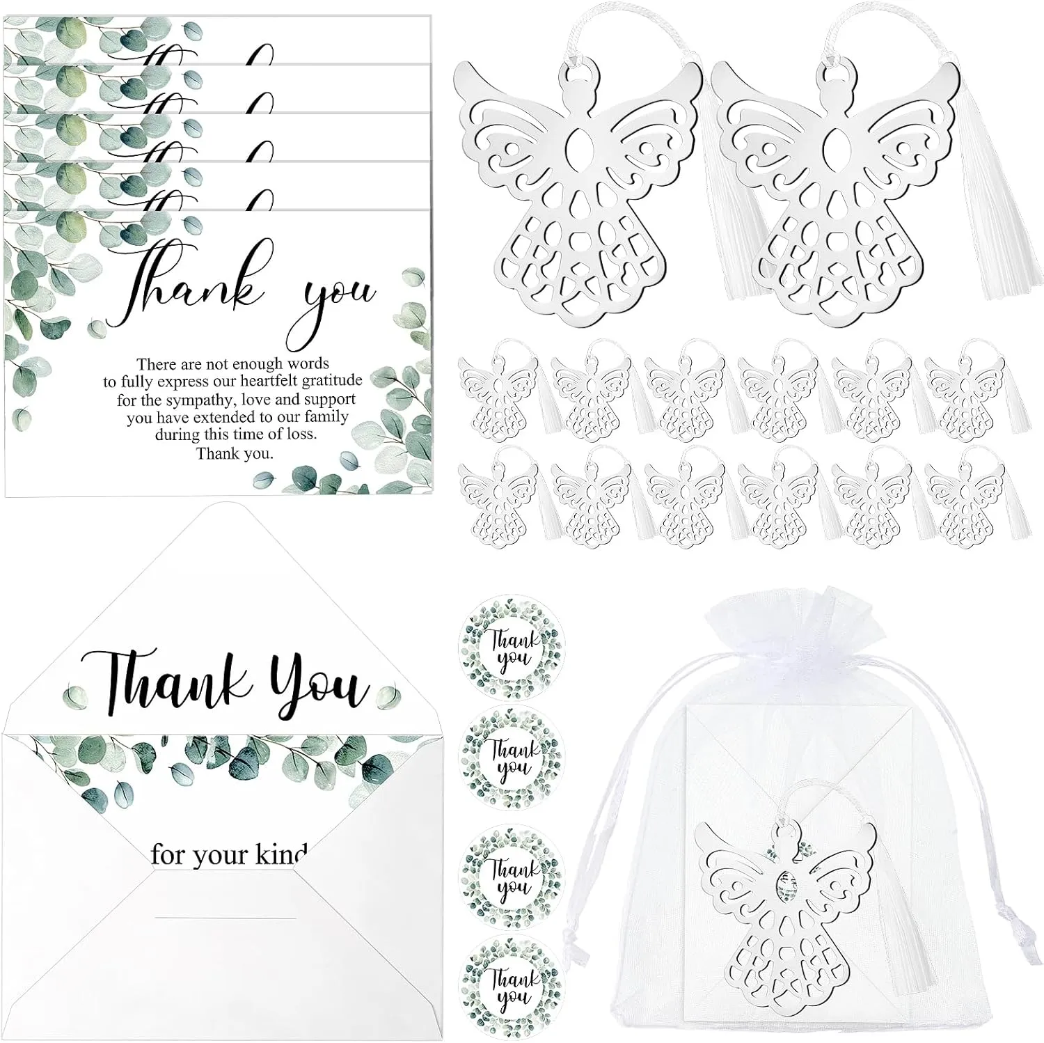 Patelai 50 Sets Funeral Thank You Favors for Guests Set Sympathy Thank You Cards Metal Angel Bookmark with Bookmark Tassels with Envelopes Stickers Organza Bags for Bereavement Funeral Family Friends