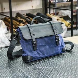 【PDF Pattern】 Black vegetable tanned blue waxed canvas men's and women's crossbody bag