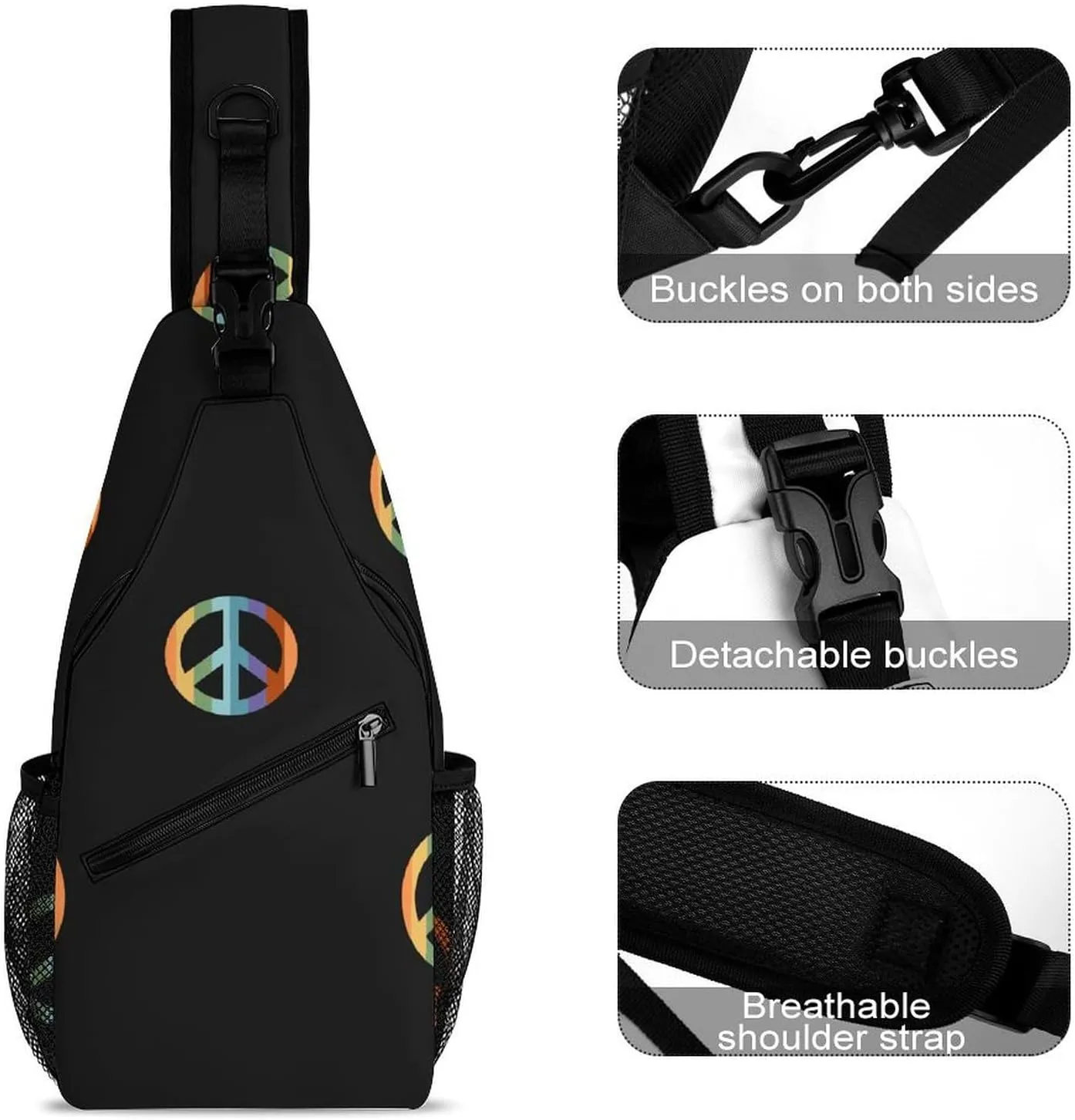Peace-symbol-hippy-boho-pattern Crossbody Sling Bag for Women Men Travel Chest Bag, Cycling Shoulder Backpack