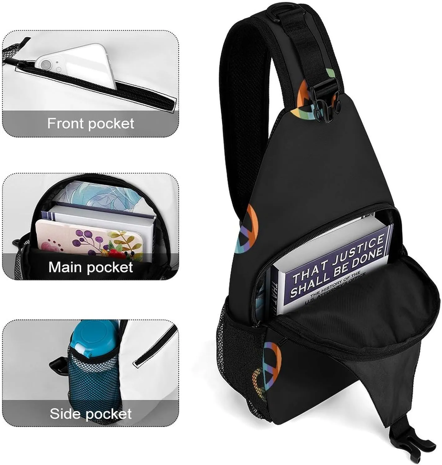 Peace-symbol-hippy-boho-pattern Crossbody Sling Bag for Women Men Travel Chest Bag, Cycling Shoulder Backpack
