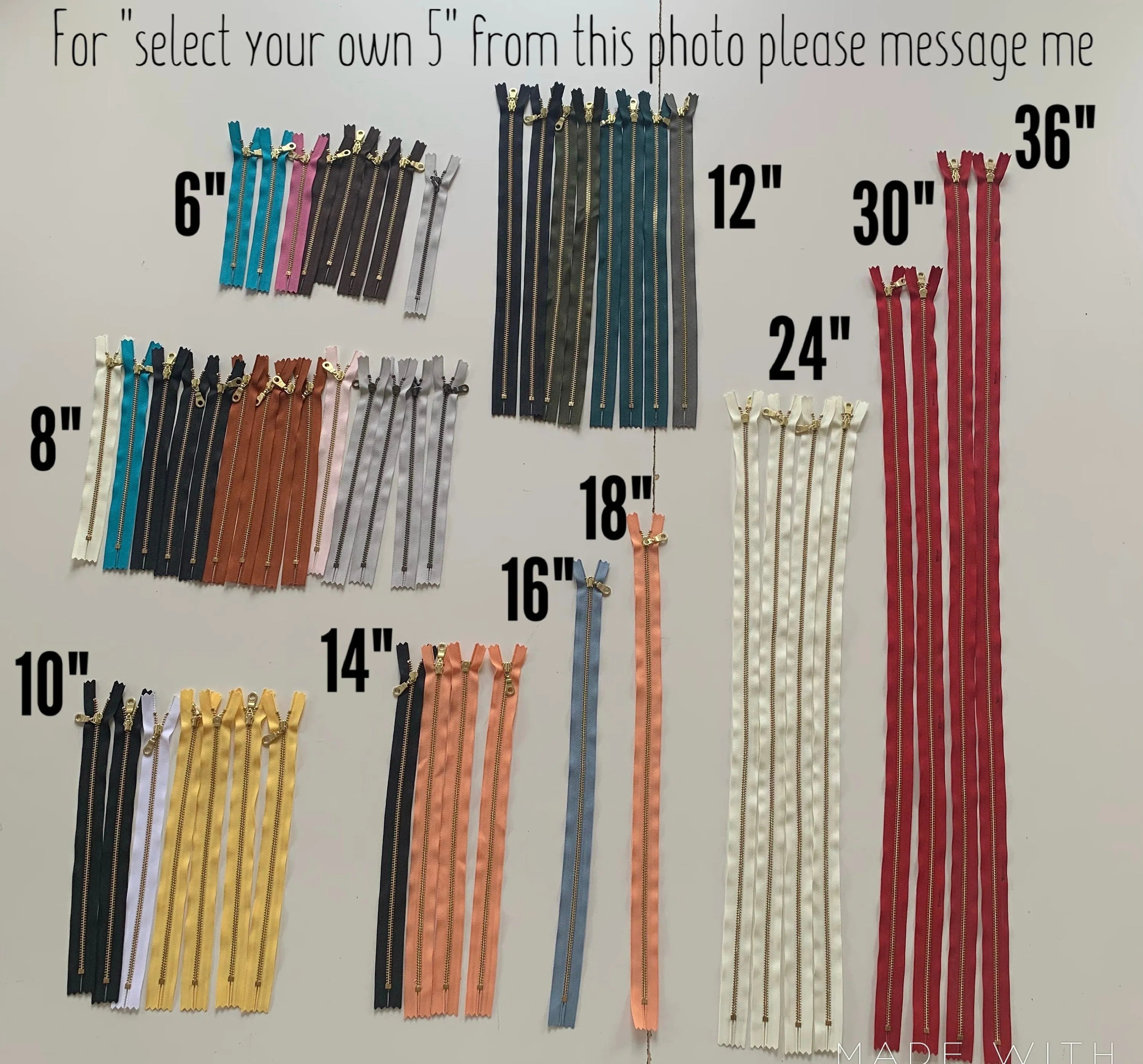 Pecan YKK metal gold zipper 5" to 22"