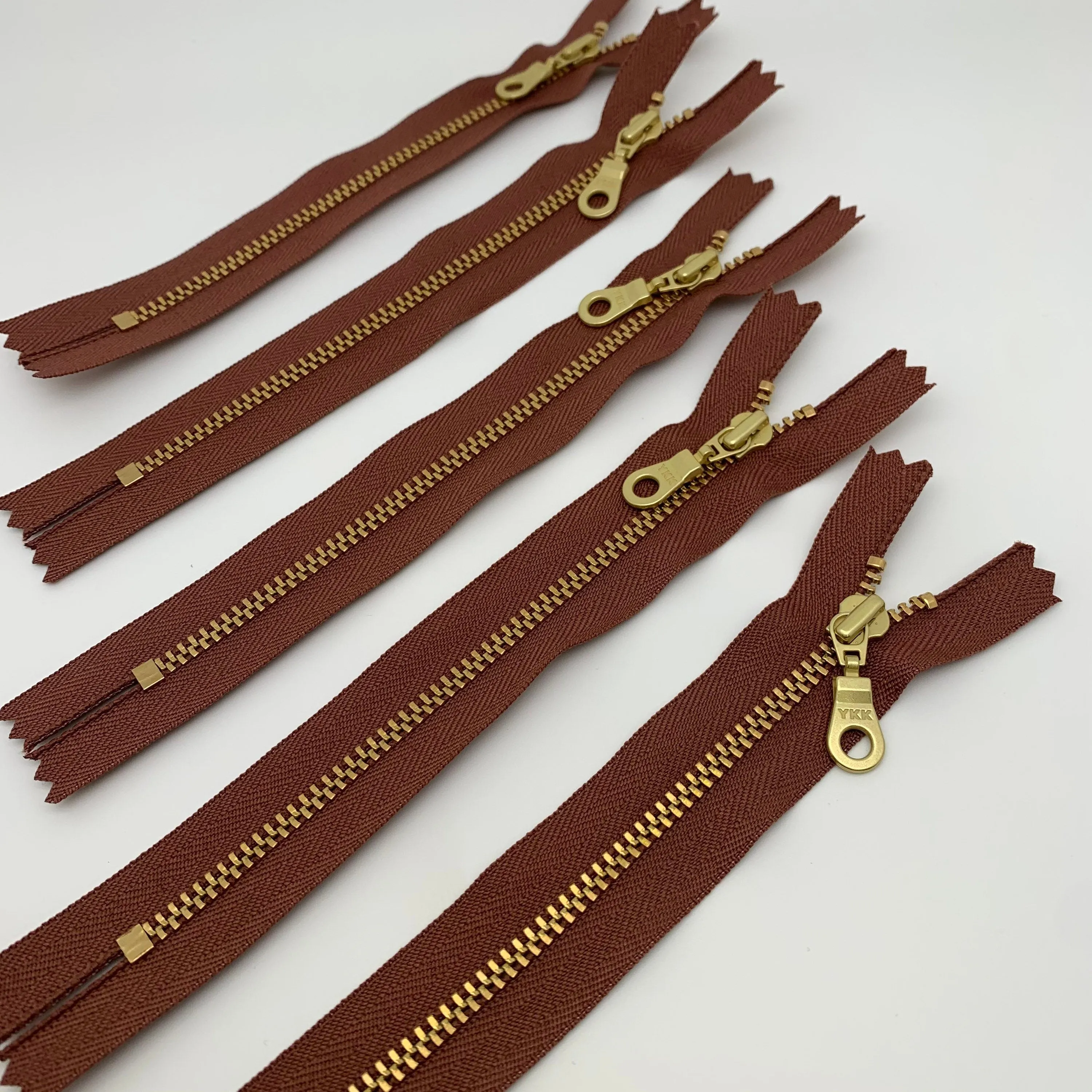 Pecan YKK metal gold zipper 5" to 22"