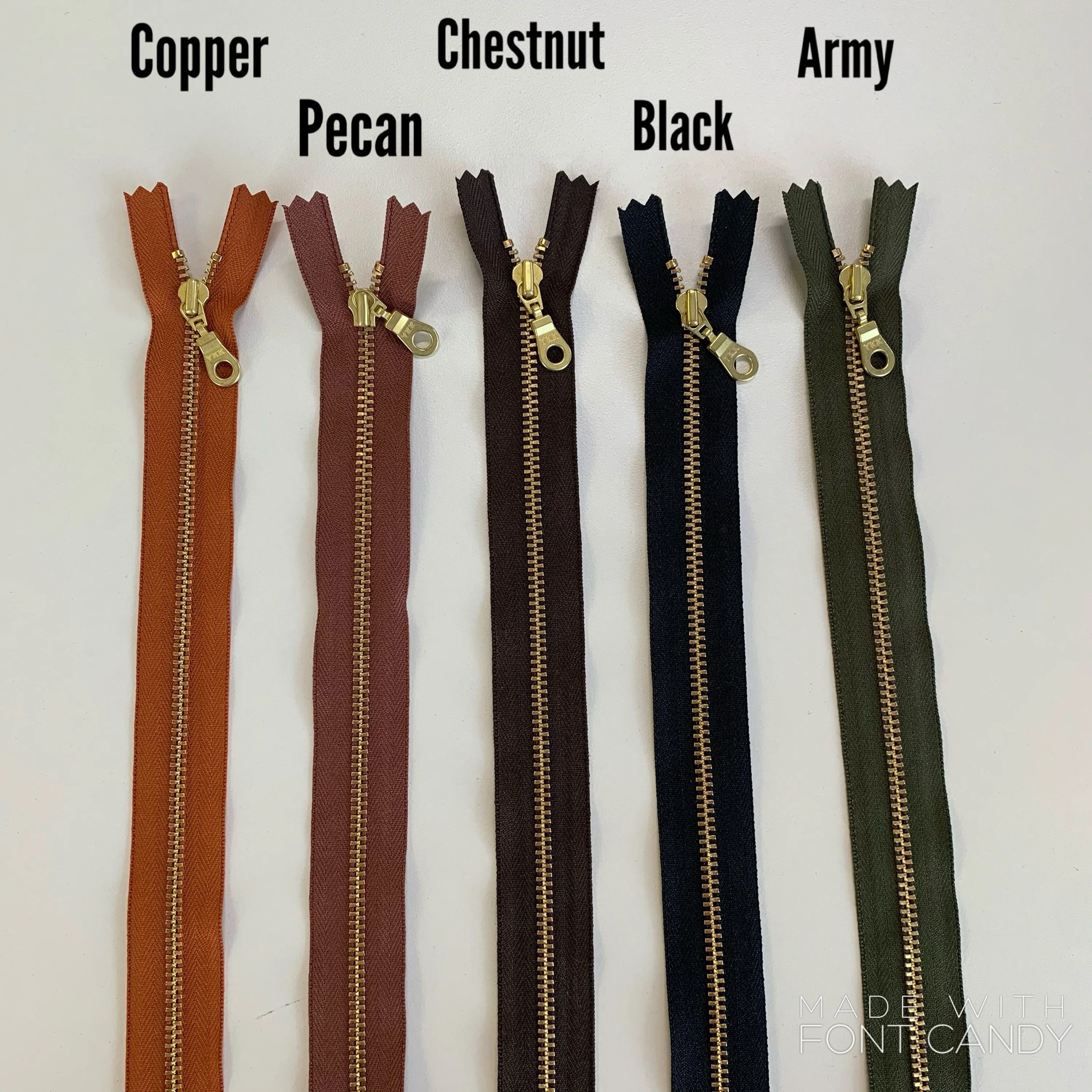 Pecan YKK metal gold zipper 5" to 22"