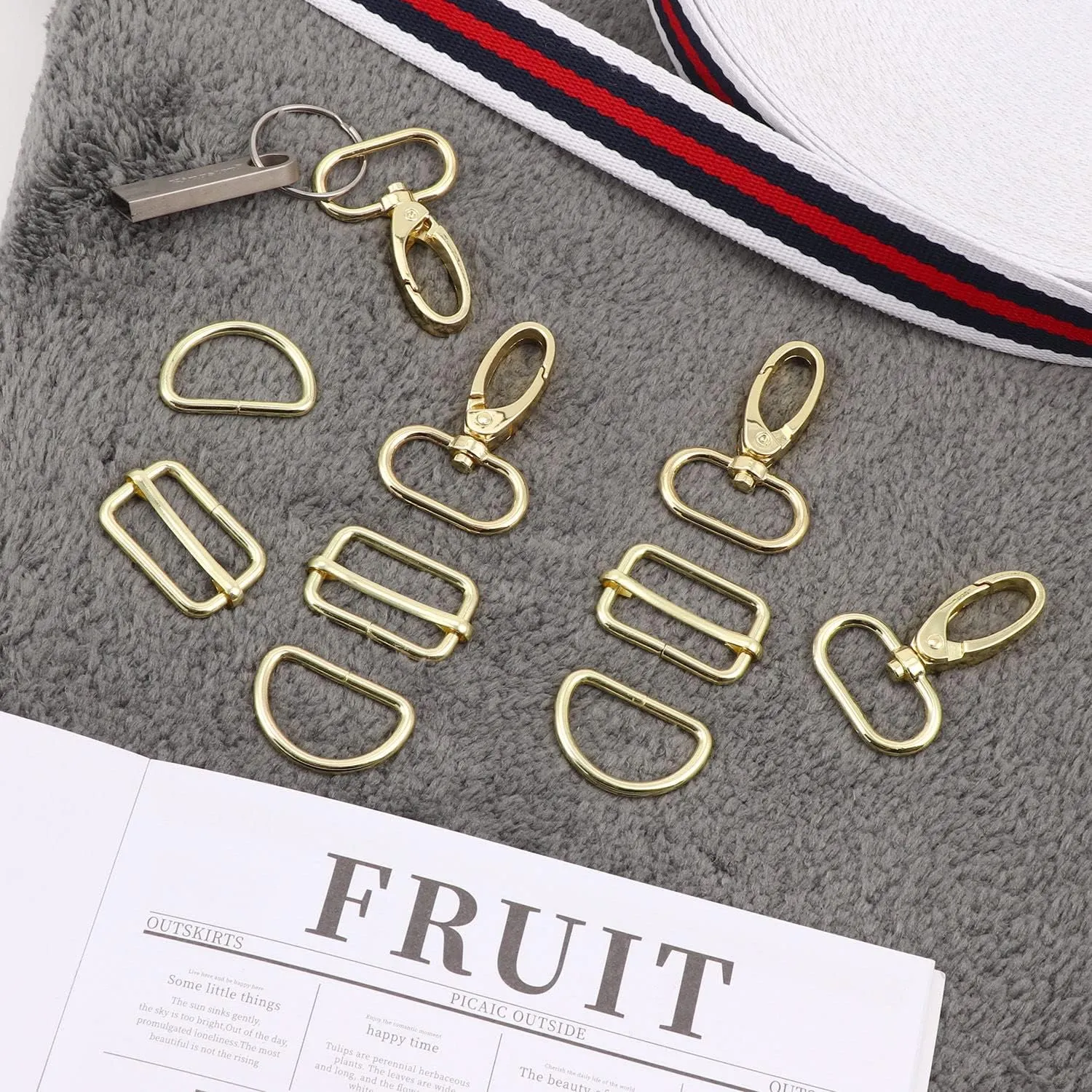 PECMER Purse Hardware for Bag Making 1 Inch D Ring 18 Pcs Gold Swivel Clasp Snap Hooks Slide Buckles for Strap Adjuster Dog Collar Making Supplies