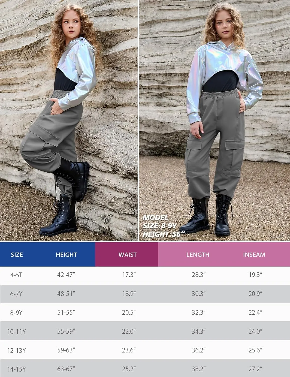 Perfashion Metallic Cargo Pants for Girls Hip Hop Dance Multi-Pocket Joggers High Waist Pants 6-15Y