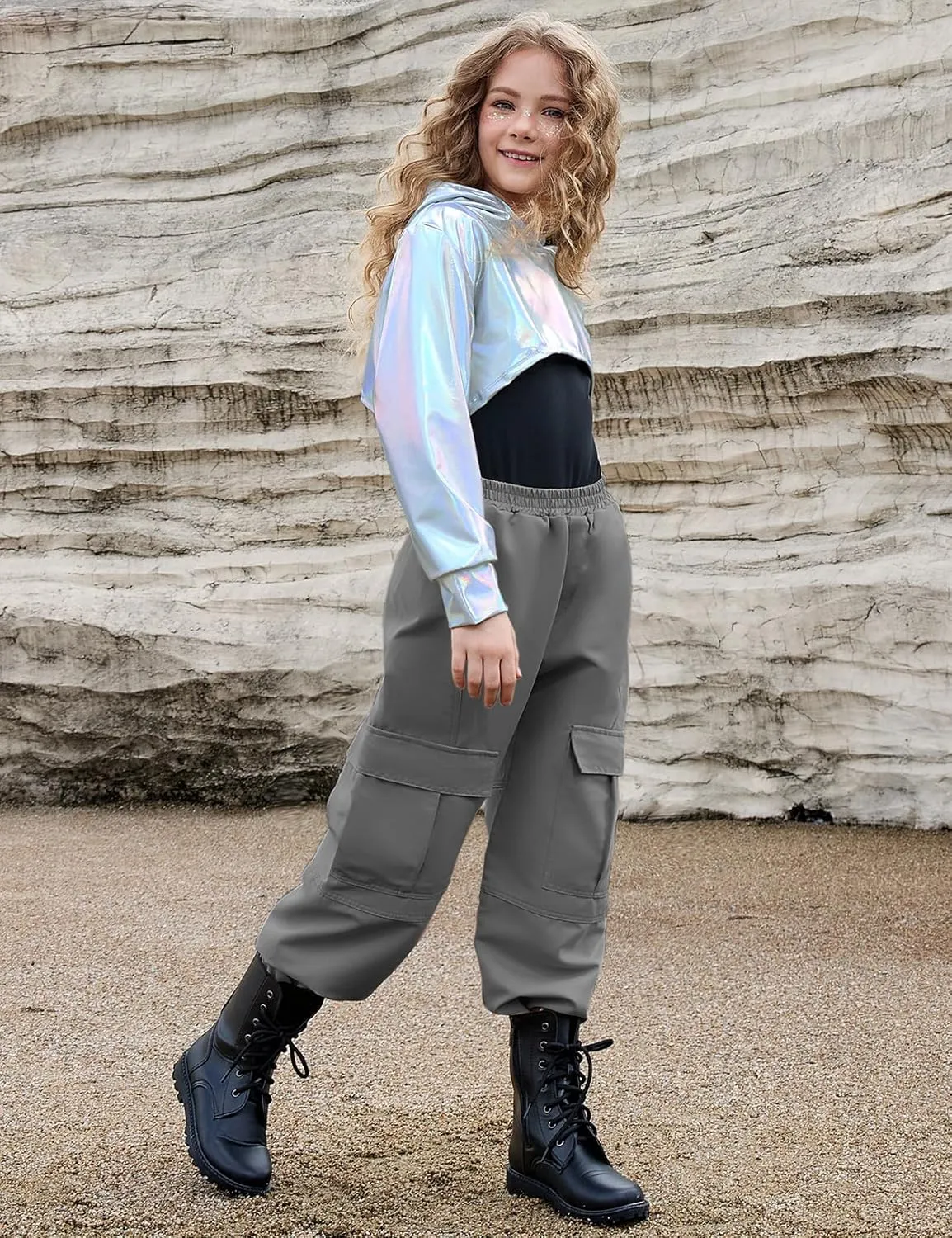 Perfashion Metallic Cargo Pants for Girls Hip Hop Dance Multi-Pocket Joggers High Waist Pants 6-15Y